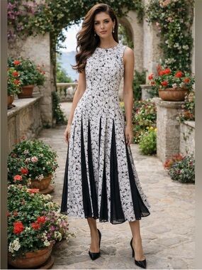 Tuckernuck Gray Gardens Andi Dress Size 4 Black White Floral Pleated Maxi NWT
